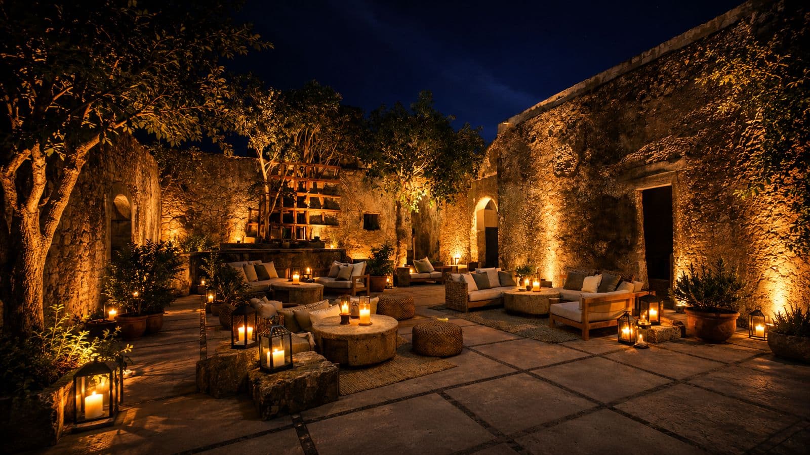 Night courtyard with candles at the St. Charmont hacienda
